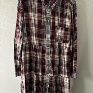 LOFT Burgundy Plaid Shirt Dress